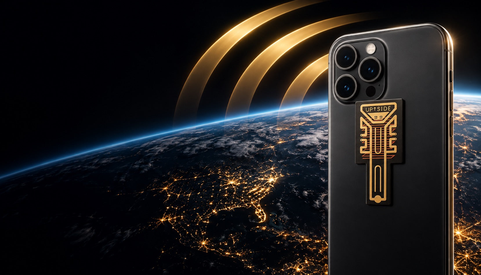 Space-inspired concept showing a phone attachment and gold signal arcs above Earth