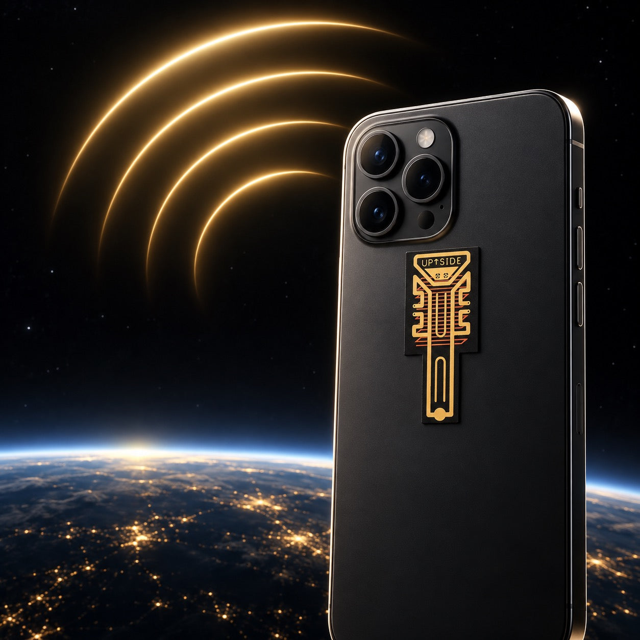 Concept illustration of a phone attachment with abstract gold signal arcs